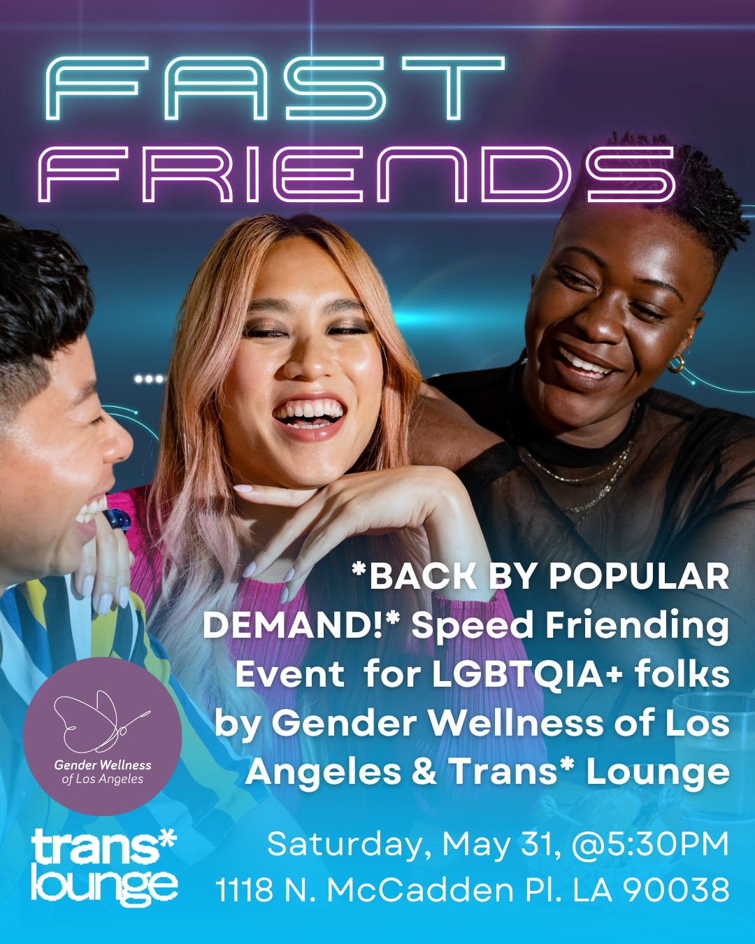 3 people with different fashion styles and skin tones laughing and sitting close together. Text in futuristic font and pink and blue colors repeated below.