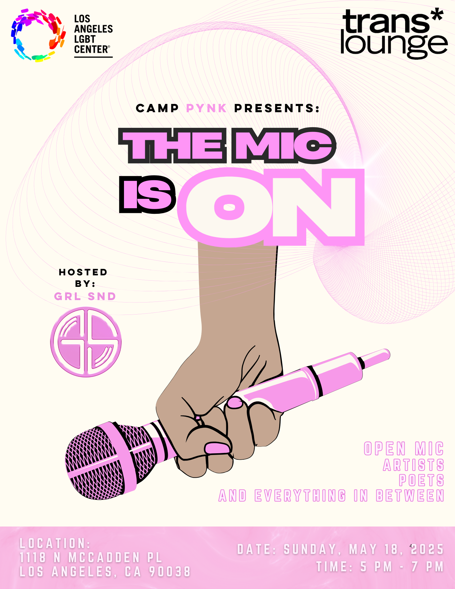Brown hand with pink fingernails holding pink microphone